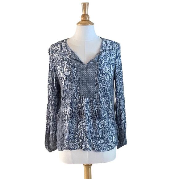 J. Jill Blue Paisley Long Sleeve Peasant Blouse, Tassels, Boho, Lightweight M - Picture 1 of 10